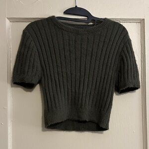 Women's Ribbed Knit Fluffy Cropped Sweater - Green